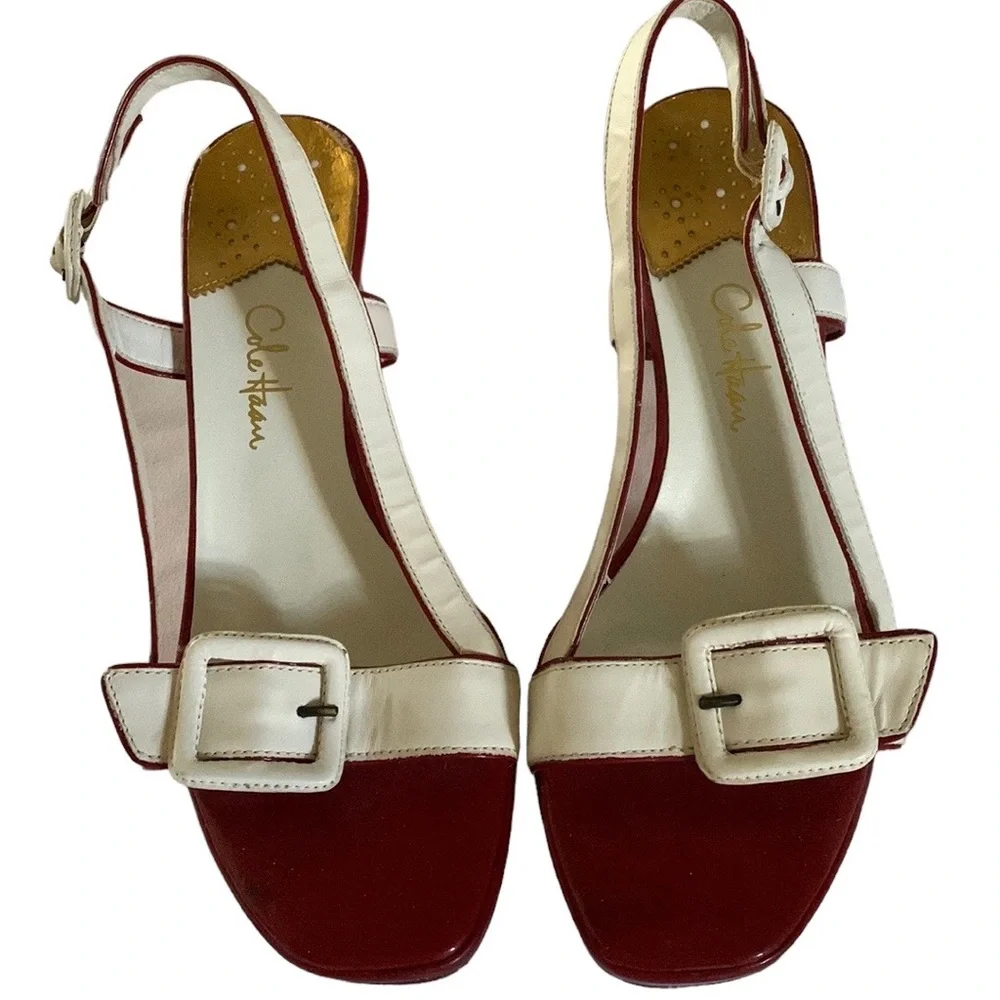Cole Haan red and white sling back wedge shoe Sz 7